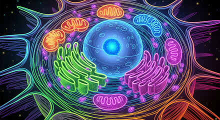 Vibrant cell diagram showcasing nucleus, mitochondria, and endoplasmic reticulum in stunning detail