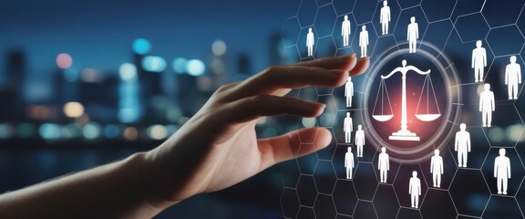 Justice and Technology: A hand gestures towards a digitally rendered emblem of justice, framed by a network of interconnected individuals, set against a modern city skyline backdrop.