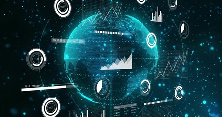 Sequence opening with digital globe rotating, chart panels animating while presenting analytics - Powered by Adobe