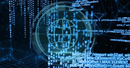 After pulsing twice security text, wireframe globe emerging code streaming defending network - Powered by Adobe