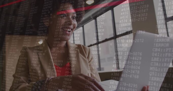 Software developer opening laptop by window and activating red code scanning then correcting errors