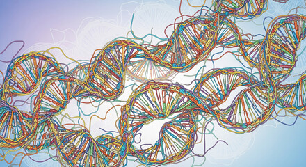 Vibrant, intricate DNA strands intertwine, symbolizing life's complex blueprint and scientific discovery