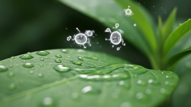 Close-up of a vibrant green leaf covered in glistening water droplets, with microscopic organisms floating above, symbolizing nature and science.