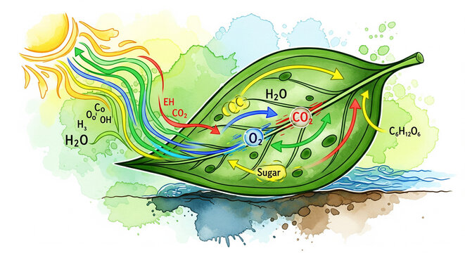 Visualize photosynthesis: Sun's energy, CO2, H2O transform into O2 and sugar within a vibrant leaf