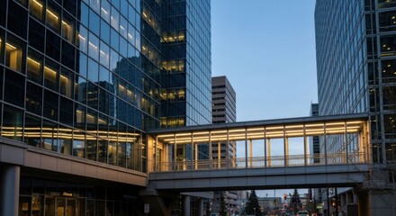 Modern glass buildings connected by a pedestrian bridge in an urban setting