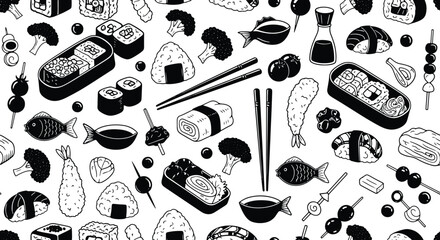 Delicious japanese food seamless pattern monochrome doodle style background illustration