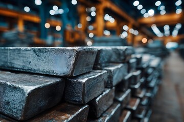 Close-up view of stacked metal ingots in a manufacturing facility, showcasing industrial production.