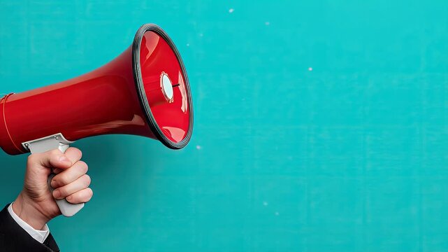A hand, dressed in suit, holds a large red bullhorn. The background is a flat, bright turquoise