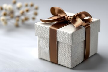 Elegant gift box with brown ribbon on a white surface.