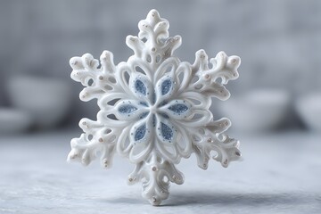 An intricate white and blue snowflake ornament with a sparkling center on a blurred background.