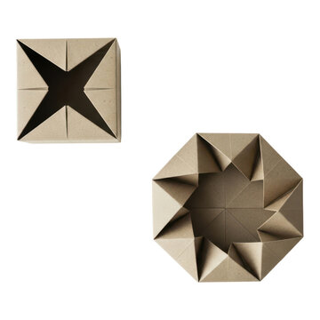 Two origami boxes isolated on transparent background, one square and one octagonal
