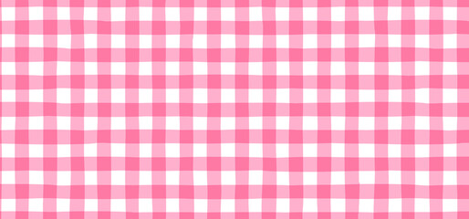  Pink checker vichy plaid seamless pattern. Cute girl style tartan print with doodle check texture. Vector cloth bg for baby fabric, textile, packaging, picnic design and y2k hand illustration