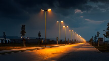 Street lights illuminate a road at night under a cloudy sky.