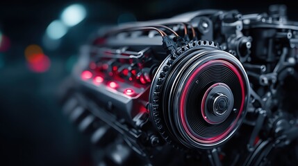 Fototapeta premium Futuristic car engine with glowing red light in mechanical precision close-up perspective.