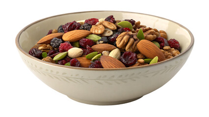 Bowl of mixed nuts and dried fruits healthy snack isolated on white background