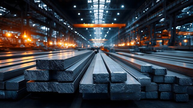 Stacks of raw steel billets and long metal bars inside a vast industrial factory warehouse.