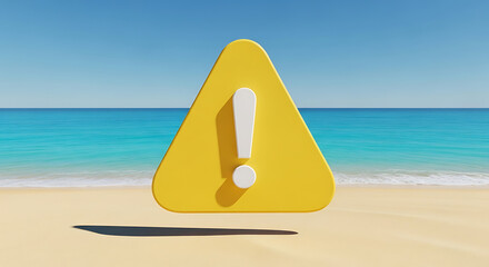 Yellow warning sign with exclamation mark on a beach with blue water