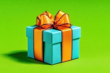 Turquoise and orange textured gift box with ribbon on vivid green backdrop for festive design.