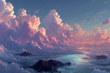 A breathtaking vista of a serene sky filled with fluffy, pink-tinged clouds over a tranquil sea.