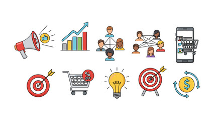 Set of flat design icons representing social media marketing, business growth, teamwork, online shopping, target achievement, and financial success, perfect for digital presentations and web design