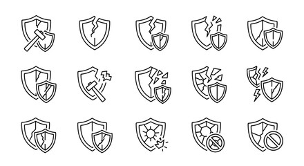 Collection of Broken Shield Related Line Icons: Outline Signs for Graphic and Web Design, Apps, Adverts, Various Cards, Vector Cartoon Illustration with a Hammer, Lightning Bolt, and Forbidden Symbol