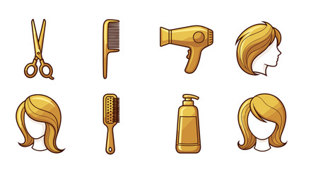 Golden gradient cartoon illustration of a set of hair salon essentials including scissors, combs, a hairdryer, shampoo bottle, and various hairstyles, presented as a clean, ordered line icon set on a