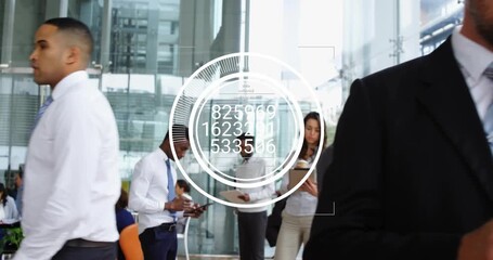 Woman scrolling tablet in lobby driving HUD updating business data while professional editing plans - Powered by Adobe