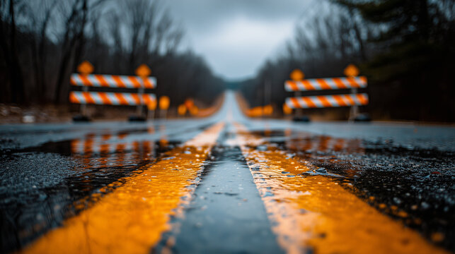 Wet road with barriers in dramatic style in orange, yellow colors for roadworks