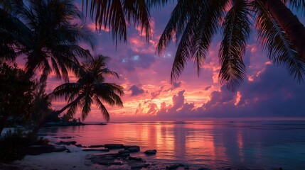 Vibrant tropical sunset over a calm ocean with silhouetted palm trees and colorful reflections in the water.