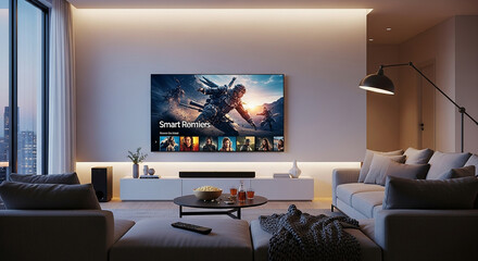 Illustration of modern living room with large tv displaying a fantasy video game scene at night