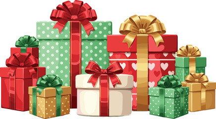 Festive gift box collection with decorative ribbons and patterns, holiday celebration packaging, cheerful wrapping design, seasonal present layout, Christmas joy