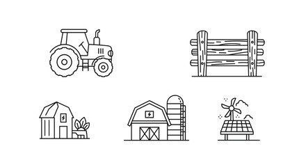 A minimalist line art vector icon set representing agriculture and rural life, featuring a tractor, wooden fence, barn with silo, and renewable energy elements like a wind turbine and solar panel