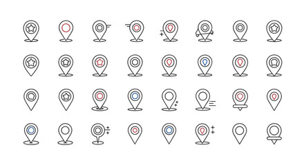 Map Pin Line Icon Pack: A versatile collection of outline signs for graphic and web design, apps, and various cards. This vector cartoon illustration set features diverse map marker styles, including