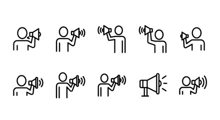 Set of minimalistic line art icons depicting a person holding a megaphone or loud speaker, symbolizing announcement, communication, and public speaking. These versatile vector graphics are perfect