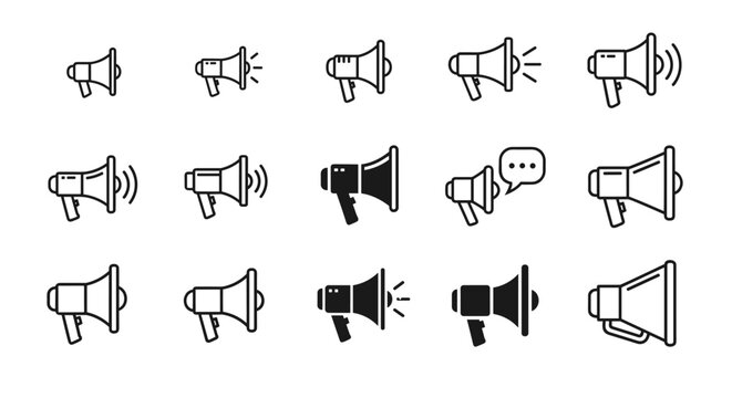 Collection of megaphone icons in various styles, including outline and solid fills, representing communication, announcement, and sound amplification. This versatile set features diverse designs for