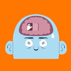 Negative Thinking Illustration. flat modern conceptual artwork of a ghost inside a human brain, symbolizing anxiety, overthinking, and negative thoughts in a psychological and emotional style