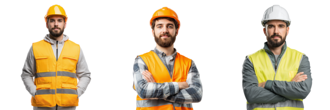 Three construction workers wearing safety vests and hard hats isolated on a transparent background male - Powered by Adobe