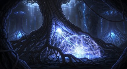 Enchanted forest scene with futuristic technology and mystical blue light emitting from ancient tree roots