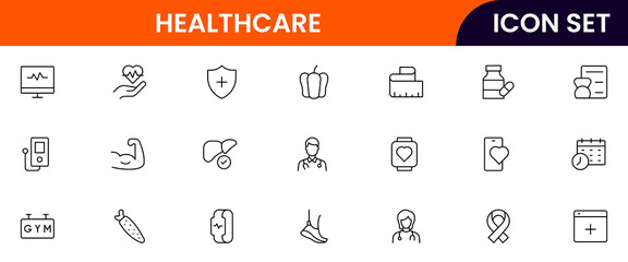 Healthcare vector web line icon collection, sleek illustrations of wearables, heart monitors, fitness apps for wellness-focused designs.