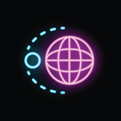 Neon sign showing the moon orbiting planet earth, with a dashed line representing the moon's orbit