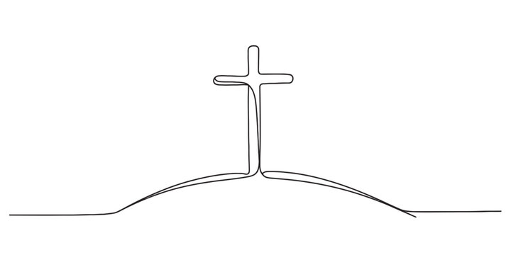 Elegant continuous line drawing of a christian cross symbol standing on a hilltop vector