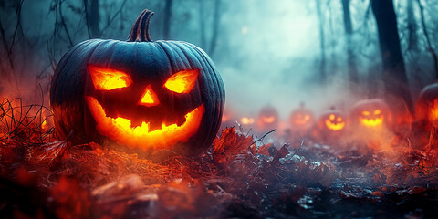 Spooky glowing pumpkins in a foggy Halloween forest Generative AI