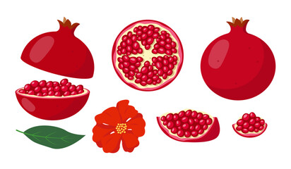 Pomegranate fruit icons set. Whole, cut and half pomegranate, piece, flower and leaves. Organic fruit for juice, vitamin healthy food. Vector icon illustration isolated on white background.