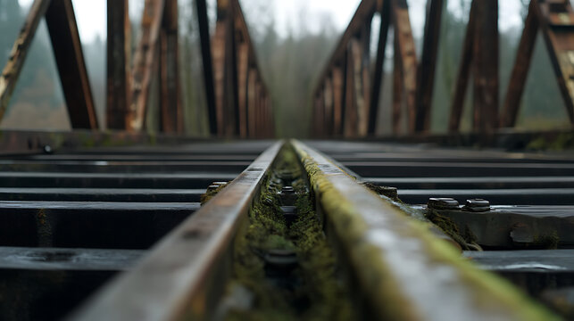 An aged railway bridge, shrouded in a mist, with weathered metal structures, showing signs of the passage of time and the forces of nature, moss covering it.