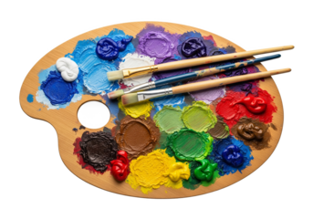 Artist s wooden palette with colorful oil paints and brushes isolated on transparent background