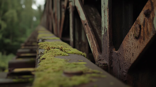 A weathered bridge with rust and green moss. The bridge shows nature's reclamation. Time and nature intertwine on the metal structure. Atmospheric close-up shot. - Powered by Adobe