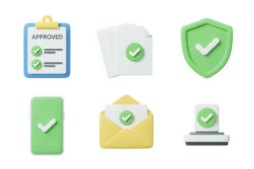 Checkmark approval document security envelope stamp and device icons
