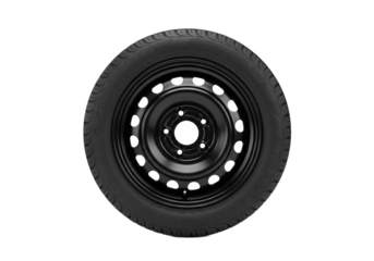 Spare car tire and steel wheel isolated on transparent background for automotive use