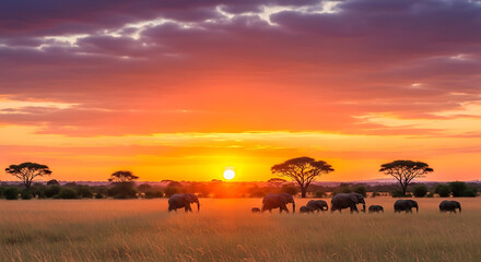 A herd of elephants silhouetted against a vibrant african sunset in the serengeti plains ai generated