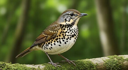 A Mistle Thrush perched on a mossy branch, showcasing its speckled breast and brown plumage against a blurred green forest background.